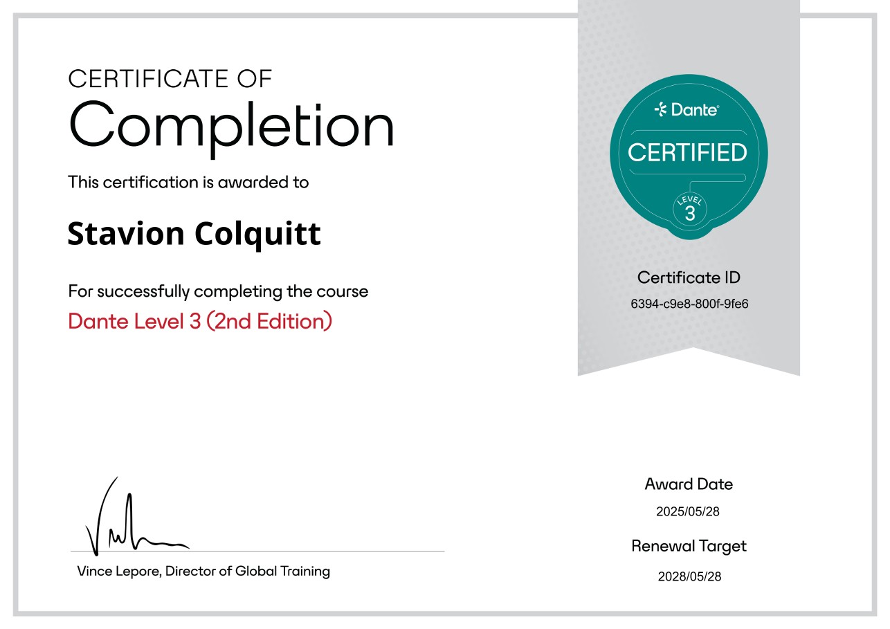 Dante Level 3 certification