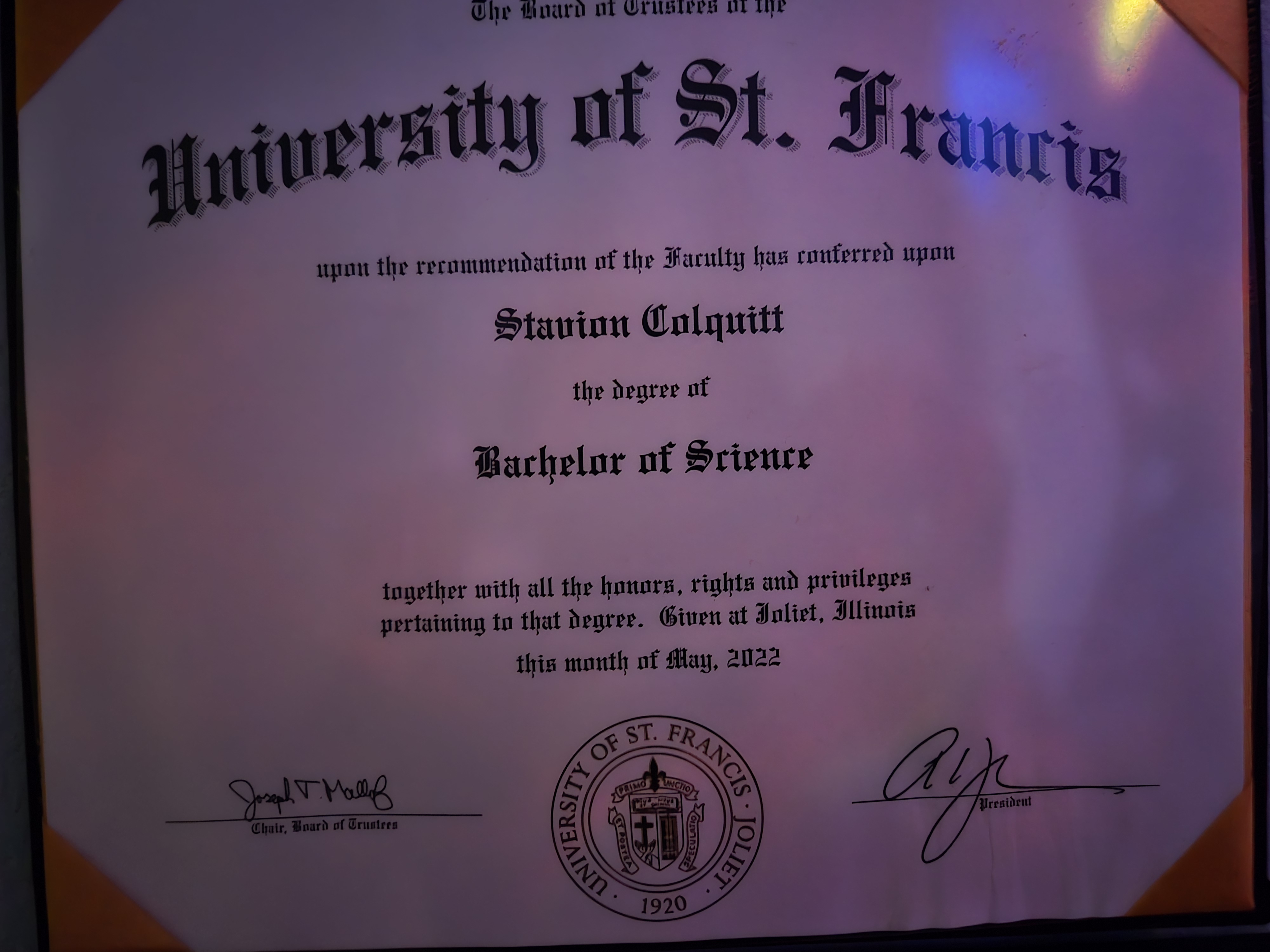BS Digital Audio Recording Arts diploma, University of St. Francis, May 2022